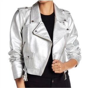Sebby Collection Silver Moto Biker Vegan Leather Jacket sz M